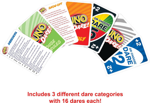 Mattel Games UNO Dare Card Game for Family Night Featuring Challenging and Silly Dares from 3 Different Categories...