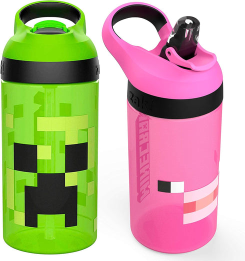 Zak Designs Minecraft Kids Water Bottle with Straw and Built in Carrying Loop Set, Made of Plastic, Leak-Proof Water Bottle Designs (Creeper/Pig, ...