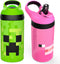 Zak Designs Minecraft Kids Water Bottle with Straw and Built in Carrying Loop Set, Made of Plastic, Leak-Proof Water Bottle Designs (Creeper/Pig, ...
