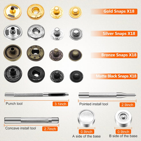 Alritz 17mm Leather Snap Fasteners Kit, 72 Set Metal Button Snaps Press Studs with 4 Setter Tools, 6 Color Leather Snaps for Clothes, Jackets, Jea...