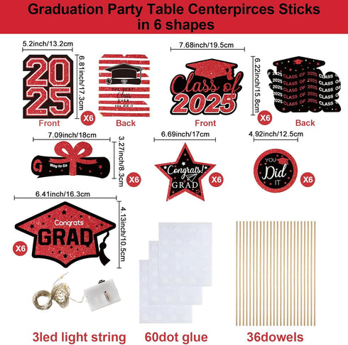 Graduation Decorations Class of 2025-36pcs Red and Black Graduation Table Centerpieces Sticks Table Toppers with Lights for College High School Co...