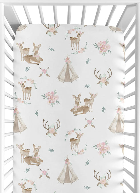 Sweet Jojo Designs Blush Pink, Mint Green and White Boho Baby or Toddler Fitted Crib Sheet for Woodland Deer Floral Collection...