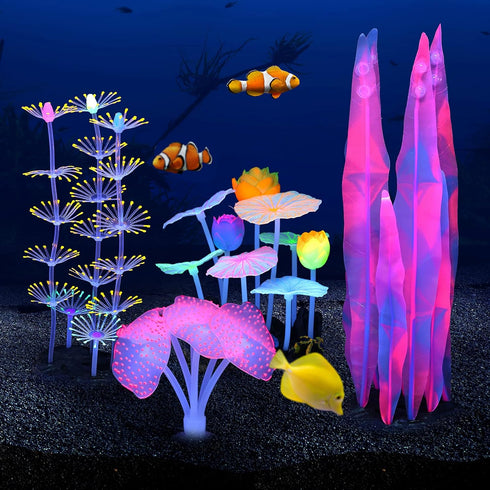 Glowing Fish Tank Decorations Plants, 4 pcs Glow Aquarium Decorations, Glowing Coral Plant Ornaments Lotus Kelp and Anemone...