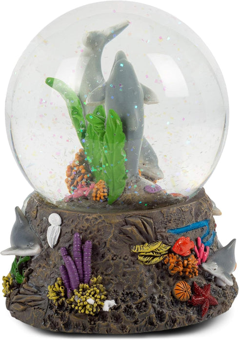 Elanze Designs Dolphin World Coral Reef Ocean Under The Sea Family Fish Coral Seaweed Tabletop Figurine 100MM Music Glitter Water Snow Globe Plays...