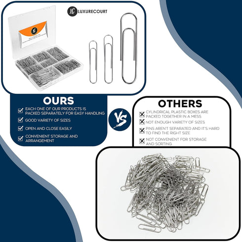 500 Pack Paper Clips by Luxurecourt - 3 Assorted Sizes of Silver Small and Large Paperclips Bulk, Rust-Resistant Nickel Plated Steel Clips, Essent...