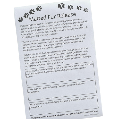 Dog Grooming Matted Fur Release Forms (Pad of 100, 5.5 X 8.5 Inches) Dog groomer forms addressing mats for Grooming Salon...