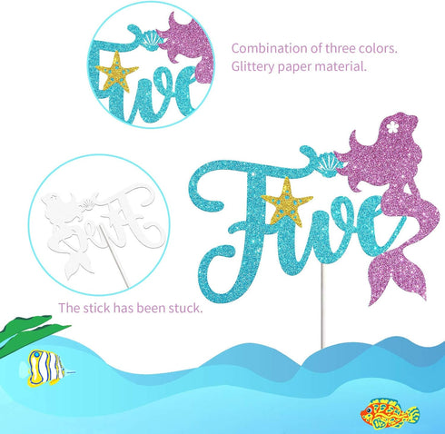 Dalaber Mermaid Five Cake Topper, Happy 5th Birthday Cake Decor, I'm Five Sign, Little Mermaid Birthday Party Decoration Supplies, Daughter of the...