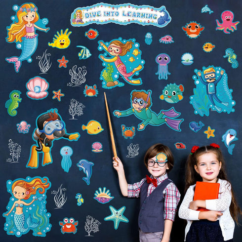 49 Pieces Ocean Beach Theme Classroom Bulletin Board Decoration Sets Dive Into Learning Bulletin Board Sea Animal Jeweled Fish Cutouts Divers Cuto...