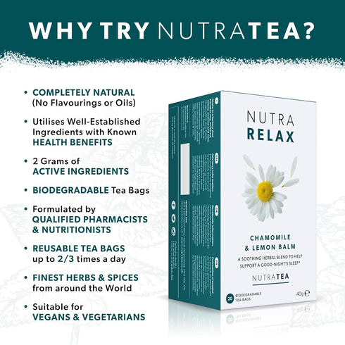 NUTRARELAX - Sleep and Calming Tea – Helps with Relaxation and Sleep – Includes Chamomile, Lemon Balm and Passionflower - 20 Enveloped Tea Bags - ...