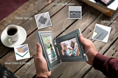 Vertical Horizontal, Art Double 4x6 Grey Wood Foldable Picture Frame - Opening 3.5x5.5 - for 4 by 6 Portrait and Landscape View...