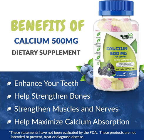 Calcium 500mg with Vitamin D3 1000 IU Gummies | Daily Dietary Supplement | Bone Strength, Growth, Teeth | for Adults, Teens, Kids | Great Tasting ...