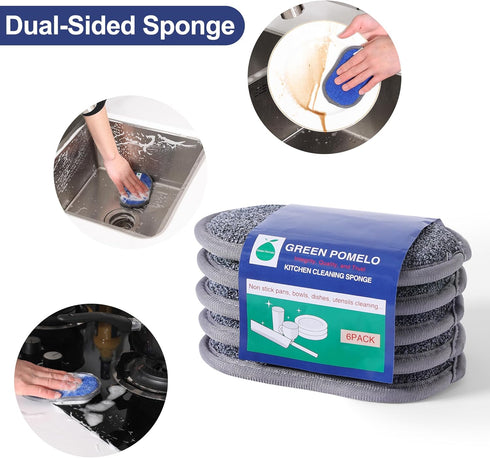 6 Pack Multi-Purpose Sponges Kitchen, Dual-Sided Microfiber Dish Sponges 3 Colors, Non-Scratch Dish Scrubber, Durable Reusable Cleaning Sponges fo...
