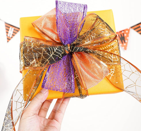 MEEDEE Halloween Ribbon - 6 Rolls, 36 Yards, Wired, Purple, Orange, Black, Skull Pattern...