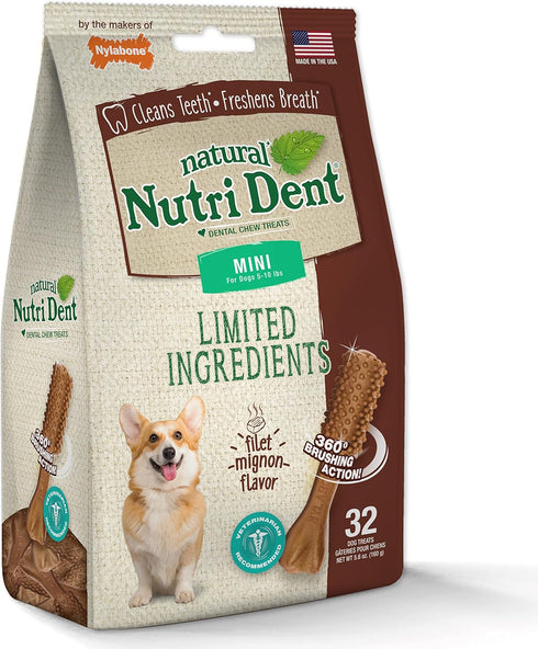 Nylabone Nutri Dent Dog Dental Chews - Natural Dog Teeth Cleaning & Breath Freshener - Dental Treats for Dogs - Filet Mignon Flavor, Mini (32 Coun...