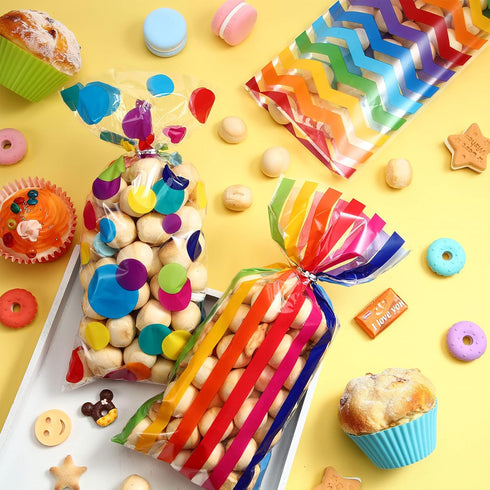 105 Pcs Rainbow Cellophane Treat Bags Bulk Plastic Polka Dot Stripes Goodie Candy Favor Bags with Twist Ties for Back to School Party Favors Anniv...