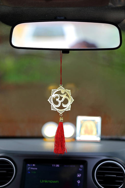 ADORAA's Hindu OM/AUM Symbol - Rear View Mirror Hanging Ornament/Pendant/Amulet - Brass Car Accessory for Divine Blessings & Safety/Protection...
