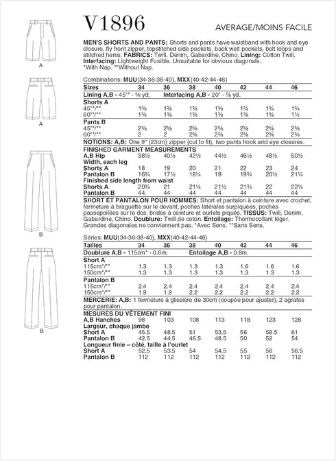 Vogue Men's Shorts and Pants Sewing Pattern Kit, Design Code V1896, Sizes 34-36-38-40...