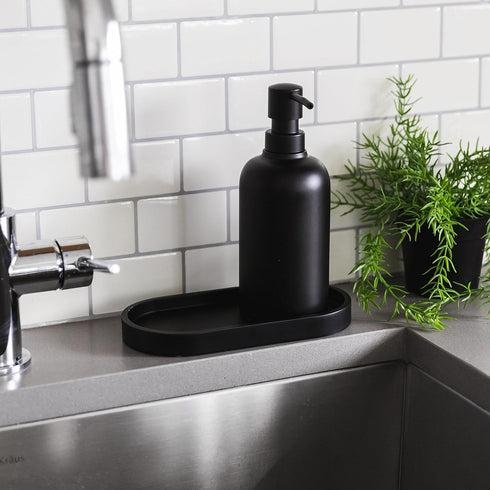 Matte Black Round Soap Dispenser Tray, 8” Soap and Lotion Bottle Tray Organizer Plate for Bathrooms, Kitchens, Countertops - Holds 2 Soap Dispense...
