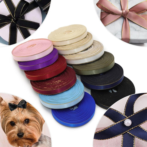 David accessories 3/8 Inch x 20yds Satin Ribbon with Gold Edge Ribbons Perfect for Crafts, Wedding Decor, Bow Making, Sewing, Gift Package Wrappin...