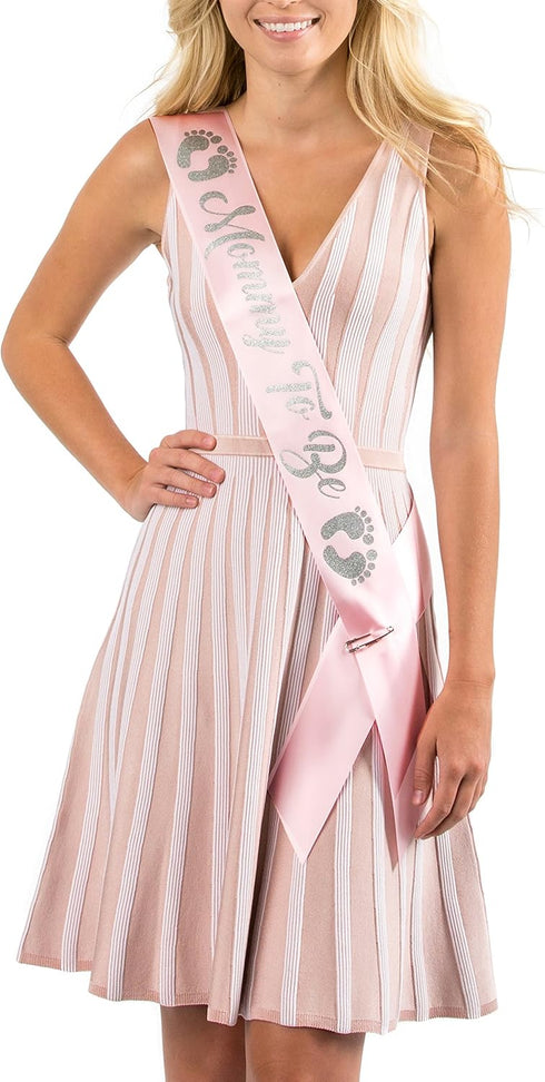 Light Pink Baby Shower - Mommy To Be - Sash with Silver Glitter Lettering...