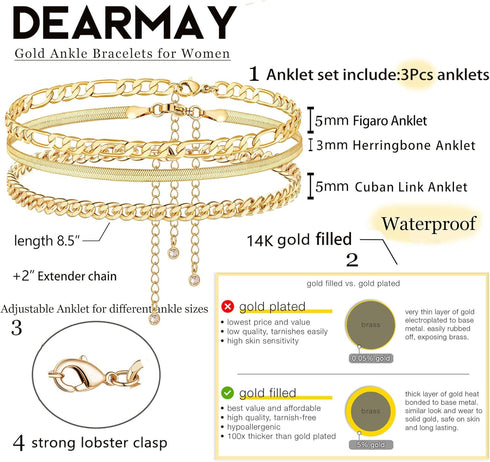 DEARMAY Gold Ankle Bracelets for Women, 14K Gold Anklets for Women Waterproof Cuban Link Anklets Set Layered Anklet Bracelets for Women Anklet for...