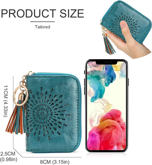 APHISON RFID Credit Card Holder Zipper Card Case Keychain Small Wallet for Women 1927 PEACOCK-BLUE...