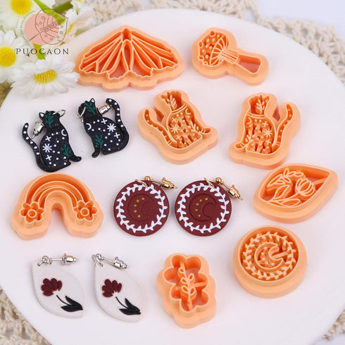 Puocaon Boho Polymer Clay Cutters - 11 Pcs Bohemian Clay Cutters for Earrings, Cat Moth Polymer Clay Cutters for Jewelry, Mushroom Clay Cutters, R...