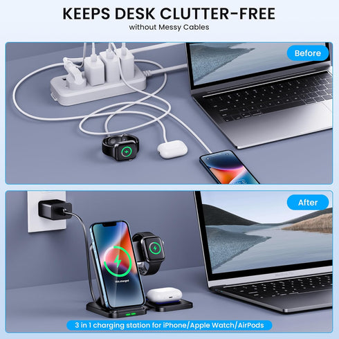 Wireless Charging Station, 3 in 1 Wireless Charger Stand, Foldable Wireless Charging Dock for iPhone14/13/12/11/Pro/Max/XS, Fast Charging Dock for...