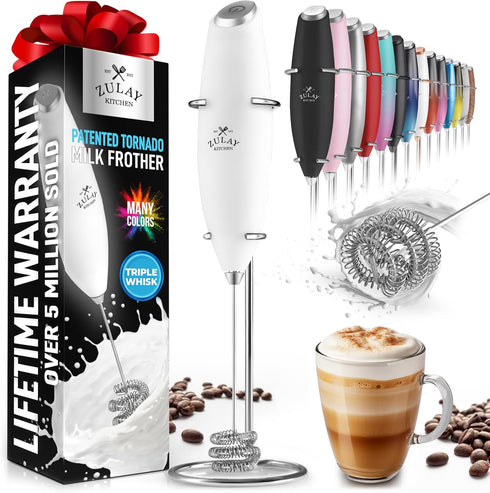 Zulay Kitchen Tornado Whisk Milk Frother Handheld - Coffee Frother Wand With Stand - Triple Whisk Hand Held Drink Mixer - Electric Stirrer Frothin...
