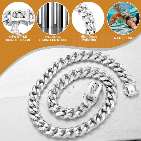 Dog Chain Collars Cuban Link Dog Collar 12mm with Dog tag Buckle Silver Cuban Link Collar Stainless Steel Dog Chain Collars for Puppy Small Medium...