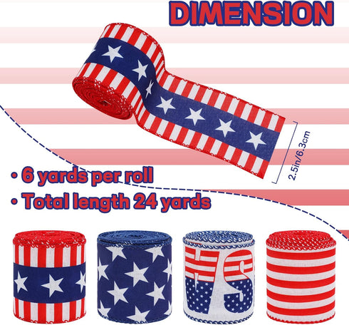 Patriotic Wired Edge Ribbon 24 Yards USA Flag Stars Stripes Craft Fabric Ribbon 4th of July Decorative Wrapping Ribbon for Independence Day Memori...
