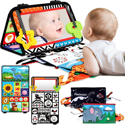 Tummy Time Baby Mirror Toys 0-6 6-12 Months High Contrast Infant Toys Brain Development with Crinkle Cloth Book and Teether - Montessori Newborn S...