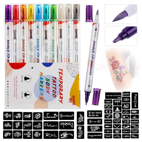 HAWINK Temporary Tattoo Markers for Skin, 10 Body Markers + 56 Large Tattoo Stencils for Kids and Adults, Dual-End Tattoo Pens Make Bold and Fine ...