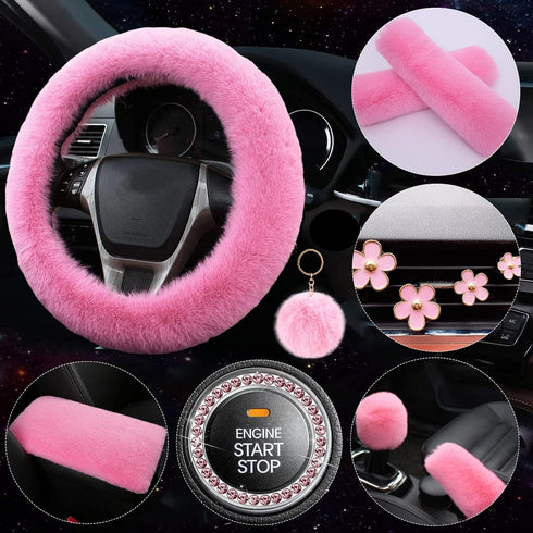 Fluffy Steering Wheel Cover for Women,LXPKKIG Faux Wool Steering Wheel Cover Cute Fluffy Car Accessories Set for Women Girls Universal Fit 15 inch...