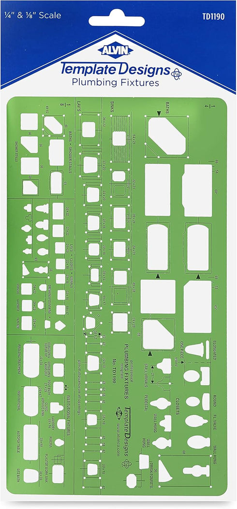 ALVIN, TD1190, Plumbing Fixtures Template, Drawing and Drafting Tool for Artists, Architects, Design and Drafting, 1/4 and 1/8 Inches Scale...
