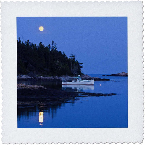 3dRose qs_90622_2 Full Moon, Lobster Boats, Bunker Harbor, Maine US20 CHA0025 Chuck Haney Quilt Square, 6 by 6-Inch...