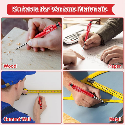 Hiboom 4 Pack Carpenter Pencils Set with 24 Refills, 2.8 mm Mechanical Carpenter Pencil Built in Sharpener Woodworking Marking Tool Solid Long Nos...