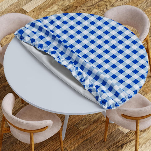 Sorfey Round Tablecloth -Fitted with Elastic, Vinyl with Flannel Back, Fits for Table 30 Inches Round,Water Proof, Easy to Clean, Checked Blue Des...