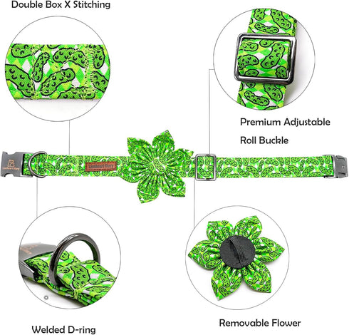 Lionheart glory Green Dog Collar with Flower Dog Collar for Large Dogs, Cucumbers Print Collars Spring Dog Collar Flower Pet Collar Bows Heavy Dut...