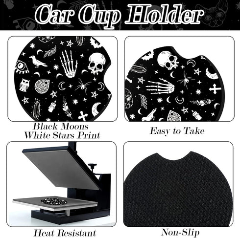 4 Pieces Black Moons White Stars Print Car Accessories Set Black Moons White Stars Steering Wheel Cover with 2 Pieces Car Cup Holder and Leather K...