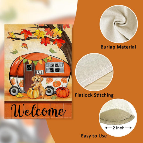 Welcome Fall Camping Car Decorative Garden Flag, Autumn Golden Retriever Dog Pumpkin Yard Outside Decorations, Maple Tree Farmhouse Rustic Burlap ...