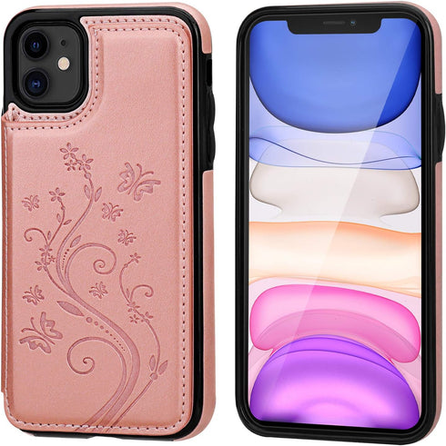 Vaburs Compatible with iPhone 11 Case Wallet with Card Holder, Embossed Butterfly Premium PU Leather Double Magnetic Buttons Flip Shockproof Prote...