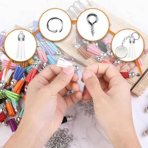 Keychain Tassels Jewelry Key Charms - 300pcs Keychain Tassels Bulk Including 100pcs Key Chain Tassles, 100pcs Jump Rings, 100pcs Screw Eye Pins Ho...