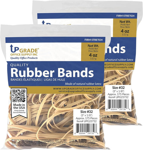 Upgrade Office Supply UPG23732PK2 Rubber Bands, Size #32 (3" x 1/8"), 4 oz. Bags (2 Pack), Natural Crepe Color, Made in USA...