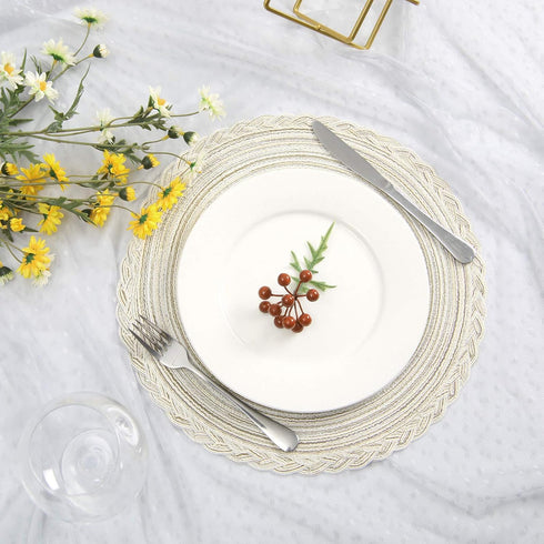SHACOS Round Placemats Set of 6 Boho Braided Bordered Placemats 15 inch for Dining Tables Wedding Holiday Party (Ivory Bordered, 6)...
