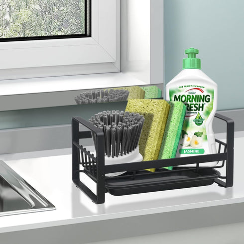 Kitchen Sponge Holder for Sink, Kitchen Sink Caddy Organizer, Sink Tray Drainer Rack, Dish Rags Brush Soap Storage Countertop with Removable Front...