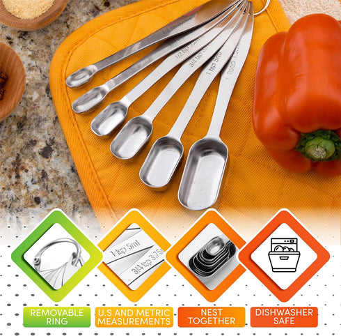 Spring Chef Stainless Steel Measuring Spoons Set of 7 with Leveler, Rectangular Metal Teaspoon & Tablespoon Measuring Spoons for Dry & Liquid Ingr...
