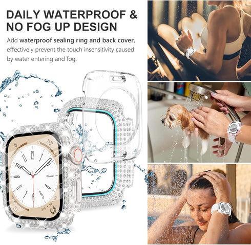 Wingle 2 Pack Waterproof Bling Case for Apple Watch 44mm Screen Protector SE Series 6 5 4, 2 in 1 Full Glitter Bling Diamond Rhinestone Bumper Fac...
