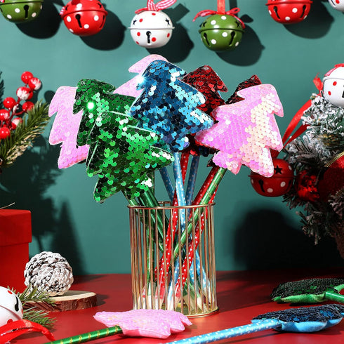 20 Pieces Christmas Tree Ballpoint Pens Bulk Glitter Sequin Xmas Slim Pens Santa Novelty Rollerball Pens 0.5 mm Black Gel Ink Pen for Christmas Ho...