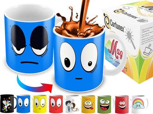 Cortunex Heat Changing Mug - 11 Oz Ceramic Color Changing Coffee Mug with A Funny Blue Sleepy Smiley Face - Cute Heat Sensitive Magic Mug with Fun...